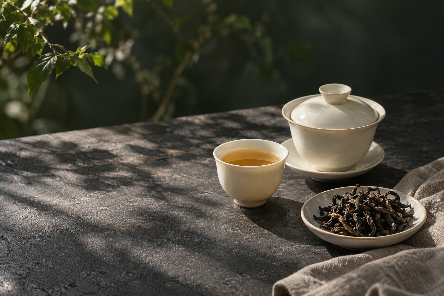 安静的茶席上，白瓷盖碗与一杯金黄茶汤